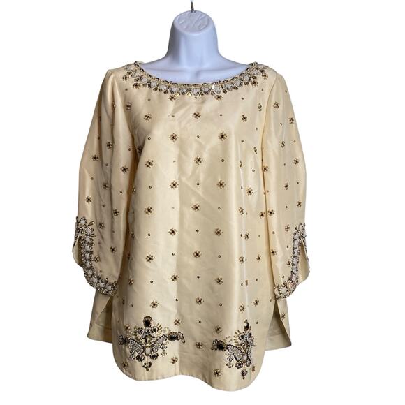 Tibi Women's Cream Beaded Sequins Silk Tunic Blouse Size‎ 6 Regal Maximalist - Picture 1 of 15